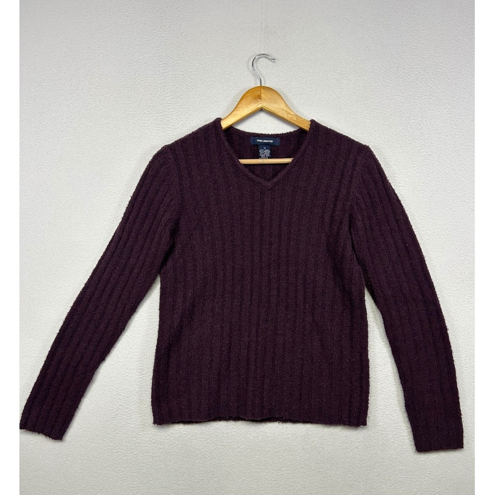 Dark Academia The Limited Womens M Purple Ribbed Wool Angora V-Neck Sweater